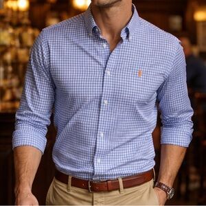 Ralph Lauren Blue Gingham Button Down Shirt Long Sleeve Size Large